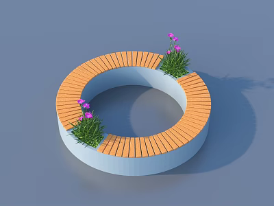 Circular Outdoor Bench With Wooden Seat Blue Base And Purple Flowers 3d model