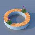 Circular Outdoor Bench With Wooden Seat Blue Base And Purple Flowers