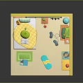 Kids Bedroom Interior With Yellow Walls Window Curtains Bed Scooter Toys And Bookshelf