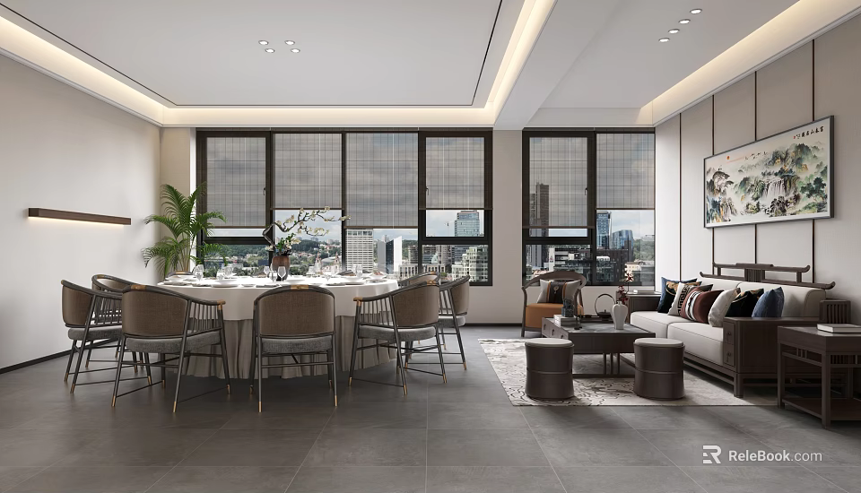 Modern Private Dining Room With City View And Dining Setup 3d model