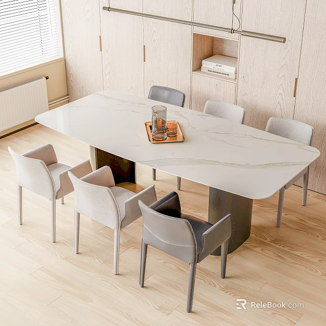 Modern Dining Table Set With Marble Top And Six Light Gray White Chairs 3d model