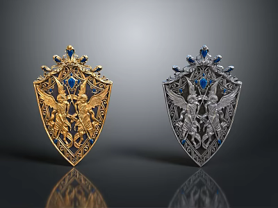 Intricately Designed Gold And Silver Shields With Angel Motifs And Blue Gemstones 3d model