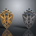 Intricately Designed Gold And Silver Shields With Angel Motifs And Blue Gemstones