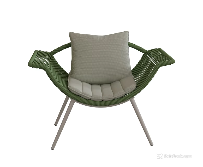 Comfortable Green Woven Outdoor Chair With Light Gray Cushion And Metal Legs 3d model 