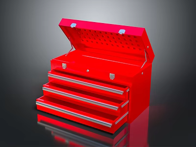 Red Metal Toolbox Furniture With Open Perforated Lid And Multiple Drawers 3d model
