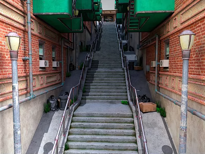 Narrow Alleyway With Red Brick Buildings Green Awnings Street Lamps And Stone Stairs 3d model
