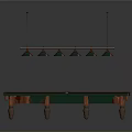 Stylish Billiard Table With Wooden Legs And Five Green Pendant Lights Above