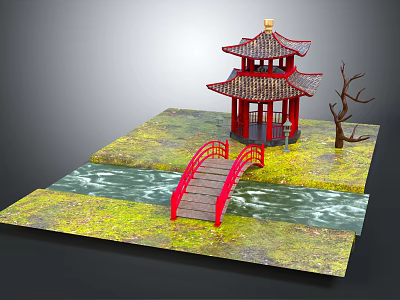 Cartoon Scenic Scene With Red Pavilion Red Bridge Stream Grass And Withered Tree 3d model