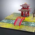 Cartoon Scenic Scene With Red Pavilion Red Bridge Stream Grass And Withered Tree