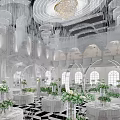 Elegant Grand Banquet Hall With Crystal Chandeliers Central Decor And Green Plants