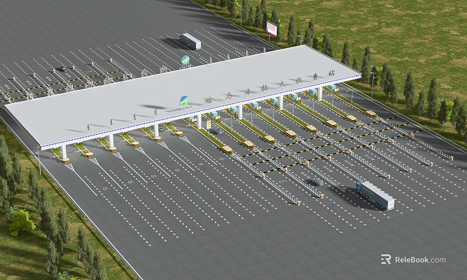 Modern Large Multiple Lanes Expressway Toll Station Practical Road Facility With Standard Traffic Guidance Design 3d model 