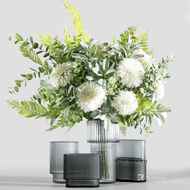 Modern Metallic Vase with White Blooms Green Fern Leaves and Decorative Candle Holders 3d model 