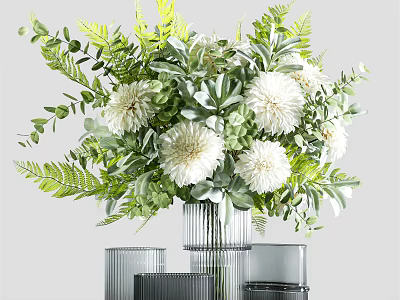 Modern Metallic Vase with White Blooms Green Fern Leaves and Decorative Candle Holders 3d model