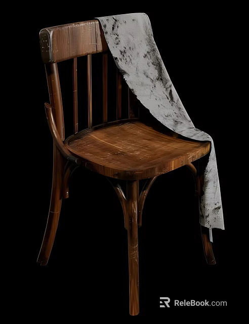 Rustic Wooden Leisure Chair With Slatted Back And Draped Gray Fabric Design 3d model 