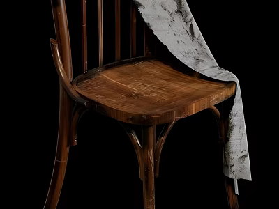 Rustic Wooden Leisure Chair With Slatted Back And Draped Gray Fabric Design 3d model