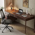 Cozy Home Office Interior With Wooden Desk Office Chair Laptop Table Lamp And Potted Plant