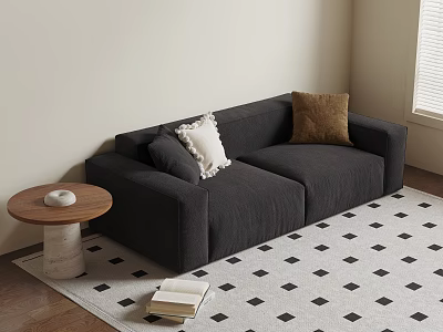 Dark Gray Two Seater Sofa With White Fringed And Brown Cushions On Diamond Patterned Rug 3d model