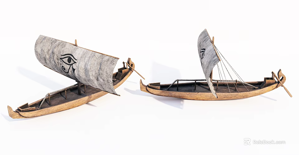 Traditional Wooden Boats with Gray Sails Adorned with Eye Symbols and Wooden Hull 3d model 