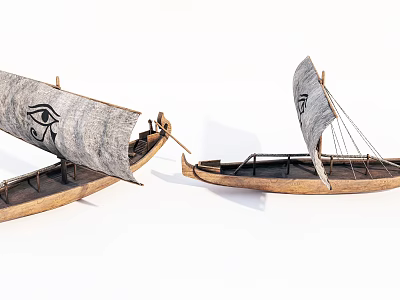 Traditional Wooden Boats with Gray Sails Adorned with Eye Symbols and Wooden Hull 3d model