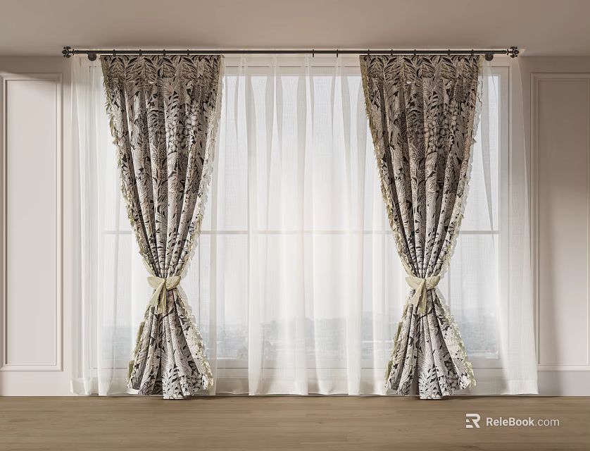 Patterned Curtains With Sheer Layers Tied Back On Curtain Rod In Bright Room 3d model 