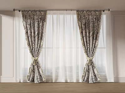Patterned Curtains With Sheer Layers Tied Back On Curtain Rod In Bright Room 3d model