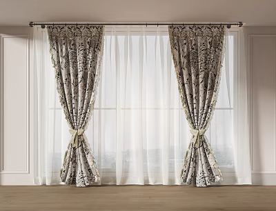 Patterned Curtains With Sheer Layers Tied Back On Curtain Rod In Bright Room 3d model