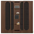 Wooden Bookcase With Black Perforated Side Panels And Open Shelves Holding Books Decor Items