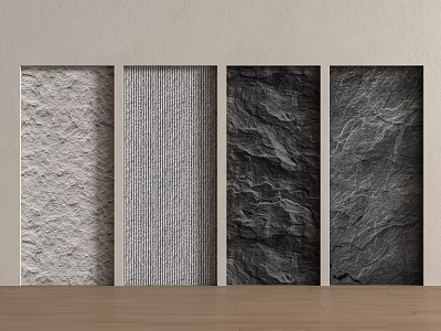 Different Textured Background Wall Panels Featuring Rough Vertical Stripe Stone Textures Light Wall Wooden Floor 3d model