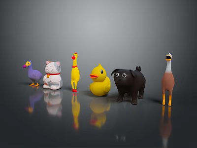 Toy Animals Featuring Purple Bird White Lucky Cat Yellow Duck Chicken Black Pig Brown Goose 3d model