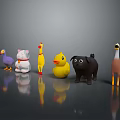 Toy Animals Featuring Purple Bird White Lucky Cat Yellow Duck Chicken Black Pig Brown Goose