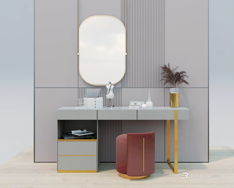 Dressing Table with Oval Mirror with Lights White Countertop Grey Drawers Gold Trim Red Stool 3d model 