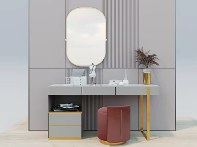 Dressing Table with Oval Mirror with Lights White Countertop Grey Drawers Gold Trim Red Stool 3d model
