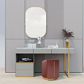 Dressing Table with Oval Mirror with Lights White Countertop Grey Drawers Gold Trim Red Stool