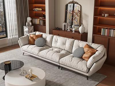 Modern Beige Sectional Sofa with Orange Gray Pillows on Gray Rug and Round Coffee Table 3d model