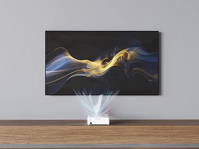 Wall Mounted TV Displaying Abstract Flowing Gold Blue Lines With Wooden Stand And White Device 3d model