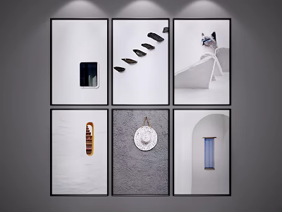 Black And White Gallery Wall Art With Various Themed Decorative Paintings 3d model