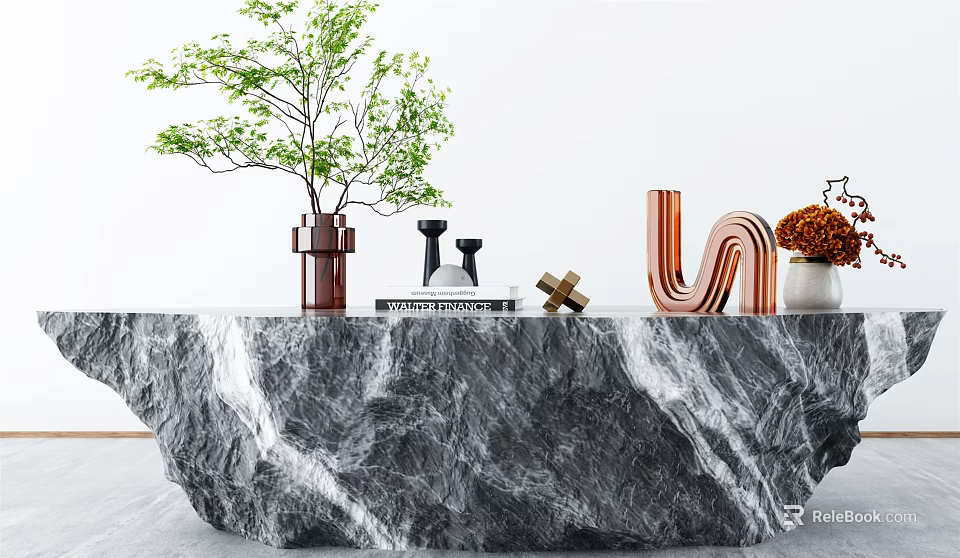 Modern Marble Coffee Table With Green Plant Brown Vase Books Copper Decor And Orange Plant 3d model 