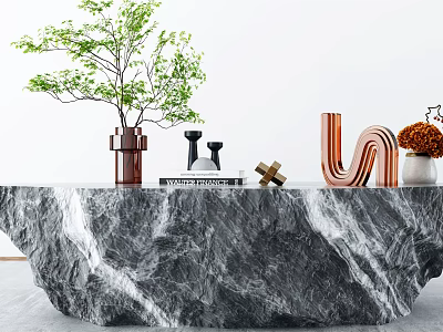 Modern Marble Coffee Table With Green Plant Brown Vase Books Copper Decor And Orange Plant 3d model
