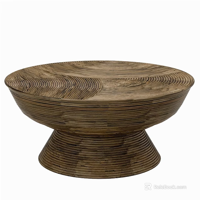 Unique Wooden Coffee Table With Wave Pattern And Circular Textured Base 3d model