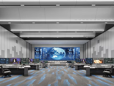 Modern Control Room with Large Digital Screens Control Consoles and Workstations 3d model