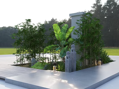 Garden Ornament Square Platform With Bamboo Banana Leaves Stone Statue Small Lamps In Grass Background 3d model