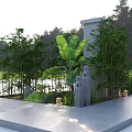 Garden Ornament Square Platform With Bamboo Banana Leaves Stone Statue Small Lamps In Grass Background