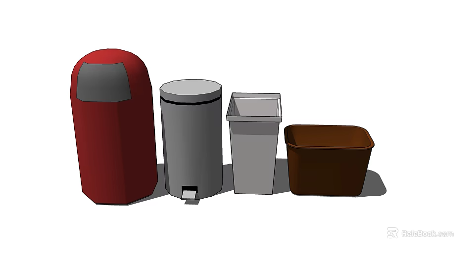 Various Colored Trash Bins in Cylindrical and Square Shapes Including Red Gray Silver Brown 3d model 
