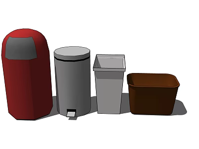 Various Colored Trash Bins in Cylindrical and Square Shapes Including Red Gray Silver Brown 3d model