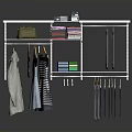 Modern Open Wardrobe Structure With Metal Frame Hanging Rods Shelves And Storage Bags
