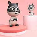 Two Adorable Raccoon Plush Toys On Pink Platform And White Cylindrical Stand With Pink Background
