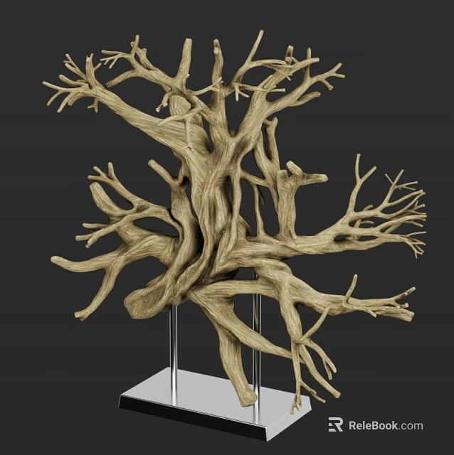 Decorative Ornament Set with Tree Root Inspired Twisted Branches on White Square Metal Stand Base 3d model 