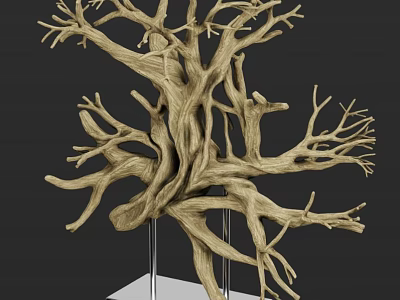 Decorative Ornament Set with Tree Root Inspired Twisted Branches on White Square Metal Stand Base 3d model