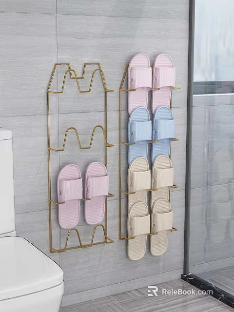 Modern Metal Frame Shoe Rack With Pink Blue Beige Slippers Storage 3d model 