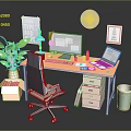 Modern Home Office Furniture Setup With Orange Desk Office Chair Drawer Cabinet And Green Plant